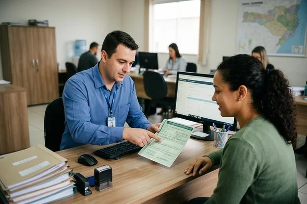 Profissional apresentando documento de licenciamento a um cliente.