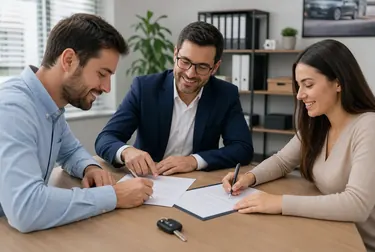 Profissional auxiliando na transferência de documento de veículo.