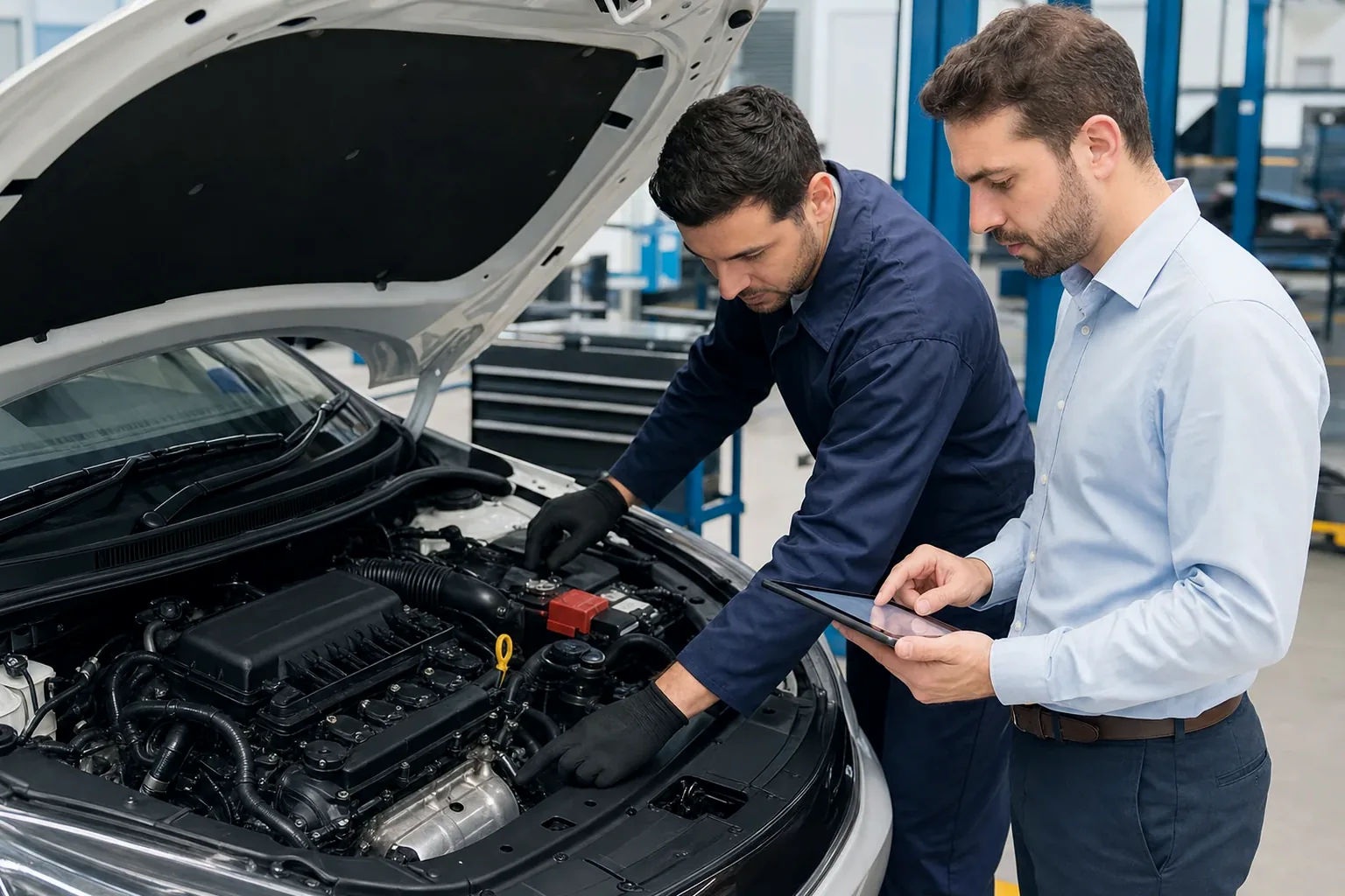 Profissional registrando informações de motor de veículo.