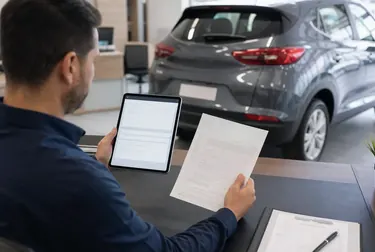 Profissional verificando documentos para licenciamento de veículos.